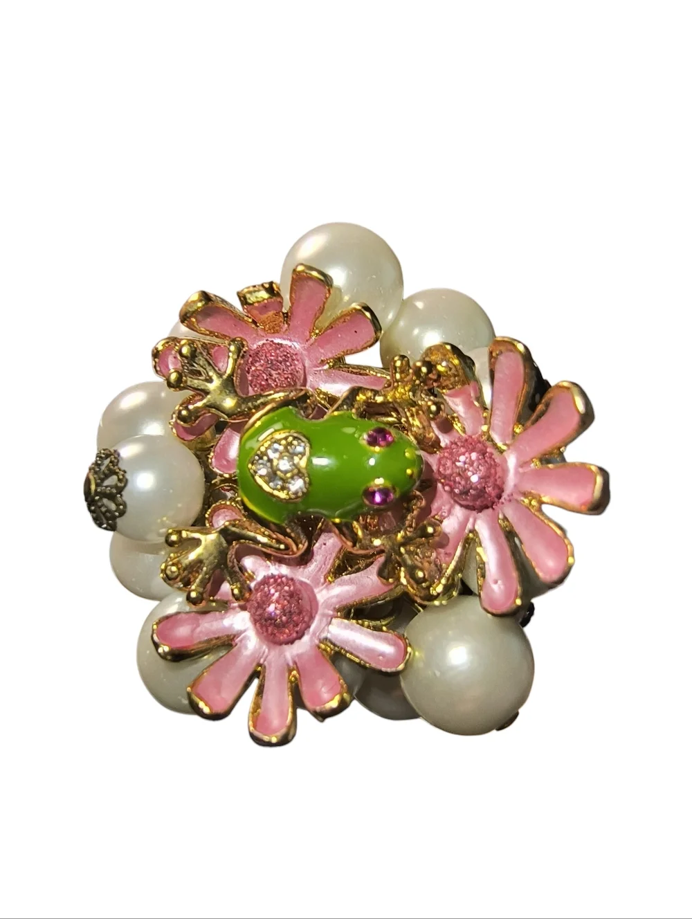 Betsey Johnson Retired Enamel And Faux Pearl Frog And Flower Ring